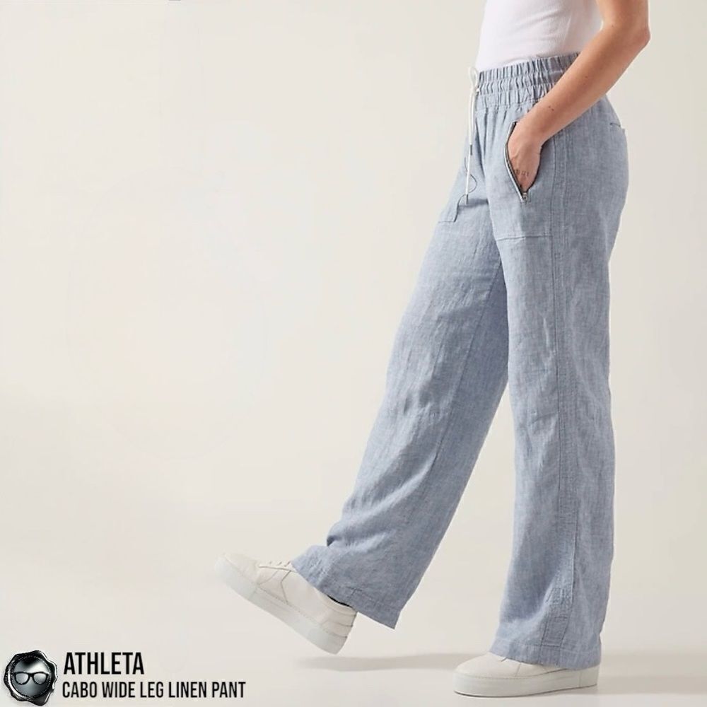 ATHLETA CABO LINEN WIDE LEG PANTS IN CHAMBRAY BLUE WOMEN 12/LARGE TRAVEL CASUAL - Picture 4 of 13
